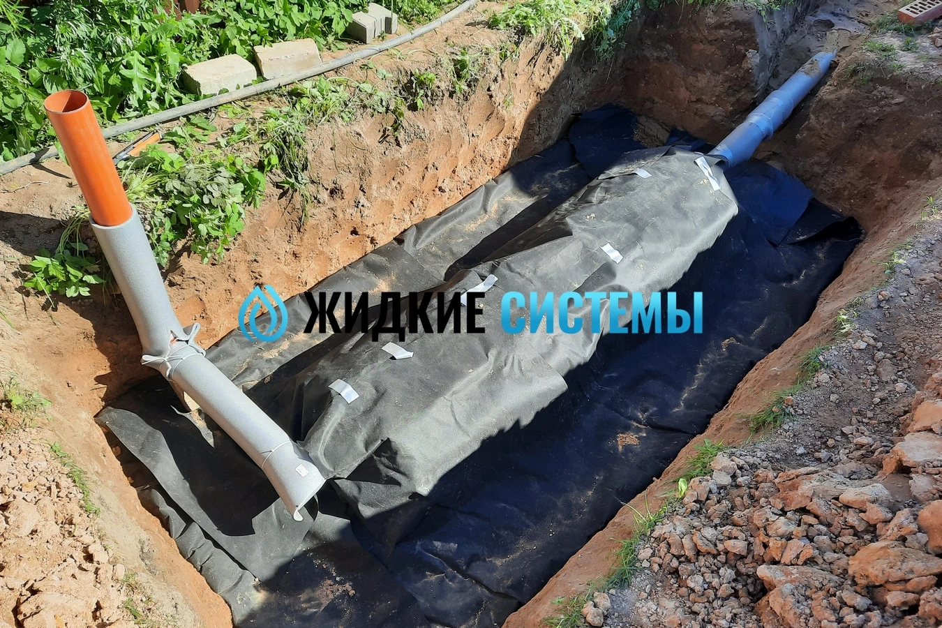 Укладка геотекстиля для системы инфильтрации септика